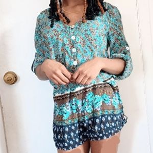 NWT Mimi Chica floral front button Bohemian v-neck romper | Blue green size M